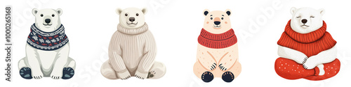 Cute polar bears in colorful sweaters, white isolate background.