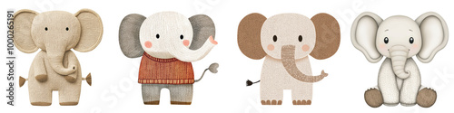 Cute illustrated elephants on white isolated background