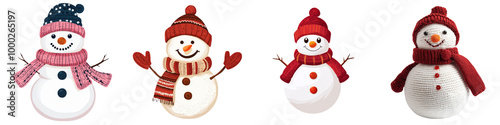 Four cheerful snowmen with colorful scarves, white isolate background