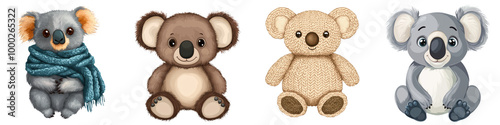 Koala illustrations in various colors, white isolate background