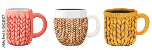 Three colorful knitted coffee mugs on a white background