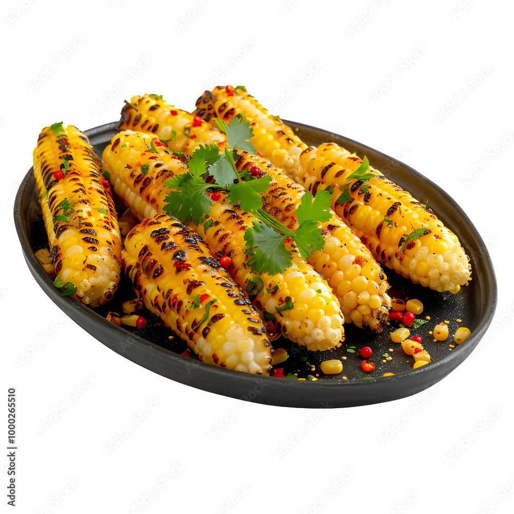 Delicious grilled corn on the cob garnished with fresh cilantro and colorful spices, served on a black plate, perfect for a summer bbq or picnic Delicious grilled corn on the cob garnished with fresh cilantro and colorful spices, served on a black plate, perfect for a summer bbq or picnic