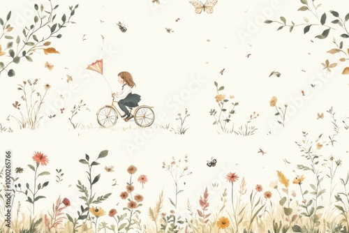 A Girl Riding a Bicycle Through a Meadow of Flowers and Butterflies