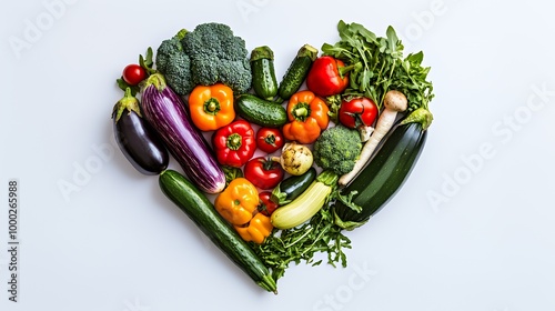 Fresh vegetables arranged in a heart shape on white background.