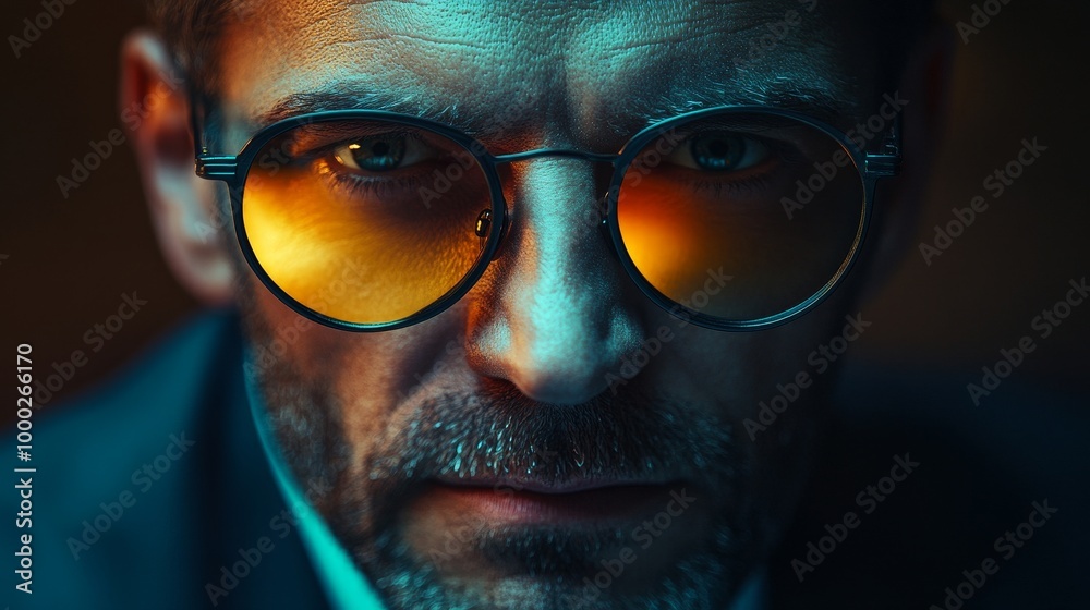A man wearing glasses with a yellow tint A man wearing glasses with a yellow tint