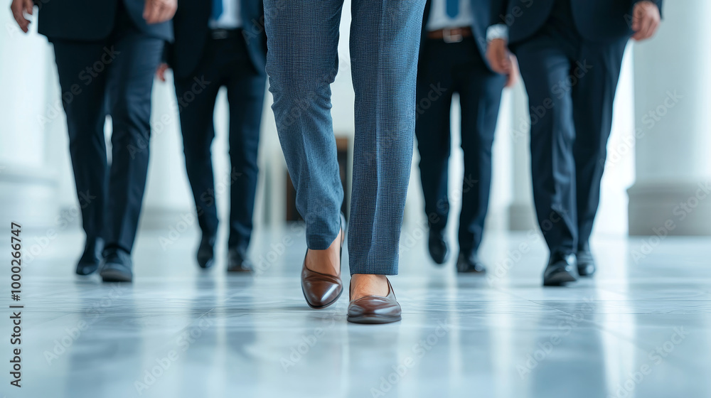 A group of business professionals confidently walking together in a modern office environment, showcasing teamwork and ambition. A group of business professionals confidently walking together in a modern office environment, showcasing teamwork and ambition.