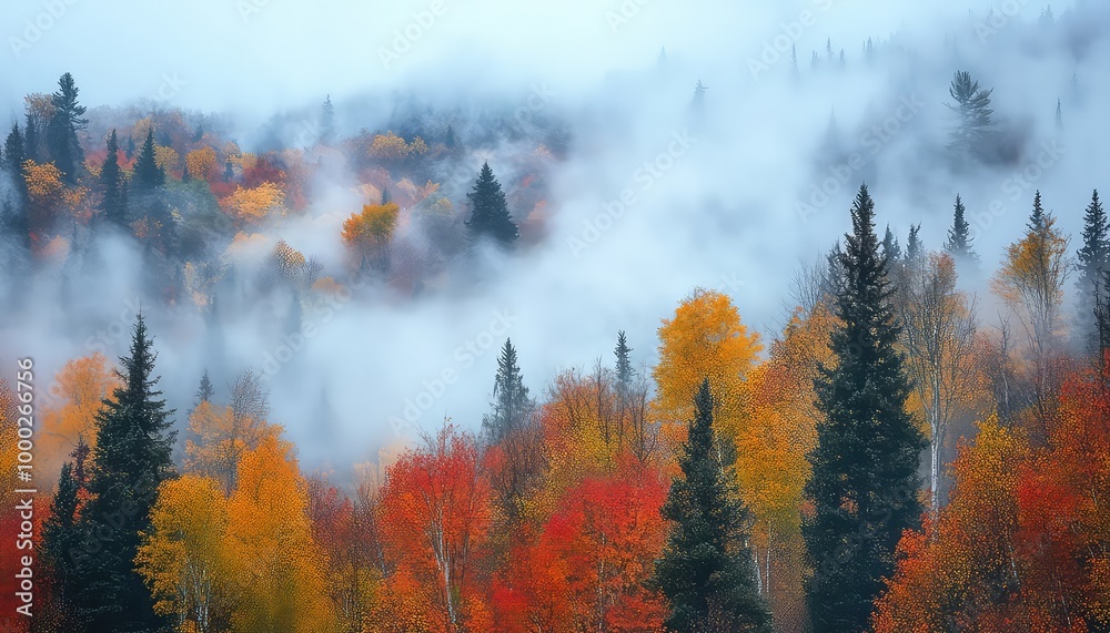 Fototapeta premium Misty Autumn Forest with Colorful Trees and Fog