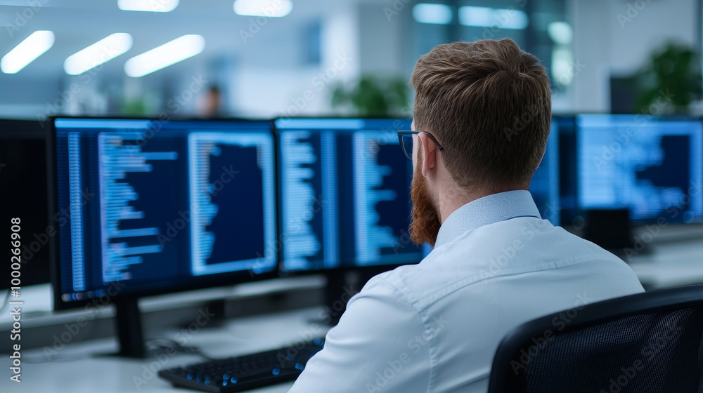 Focused programmer working at a desk with multiple monitors displaying code in a modern office environment. Focused programmer working at a desk with multiple monitors displaying code in a modern office environment.