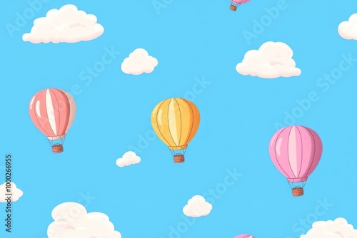 Wallpaper Mural Three Colorful Hot Air Balloons Soaring Through a Blue Sky with Fluffy White Clouds Torontodigital.ca