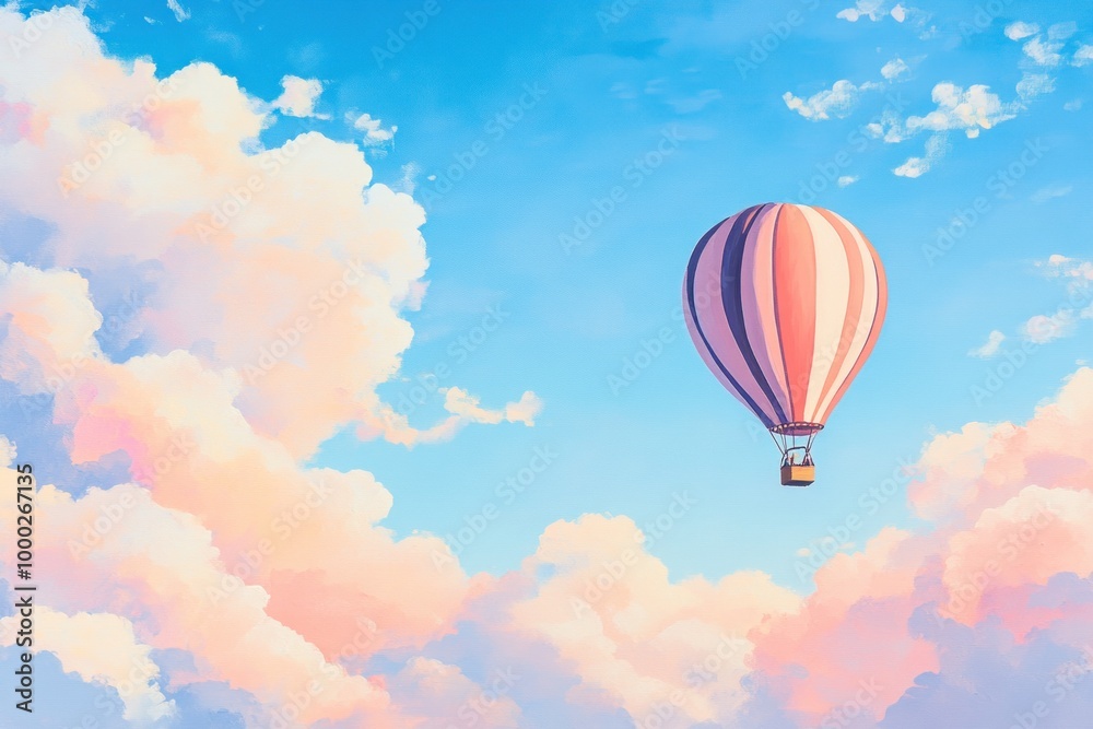 A Pink and White Hot Air Balloon Soaring Through a Pastel Sky A Pink and White Hot Air Balloon Soaring Through a Pastel Sky