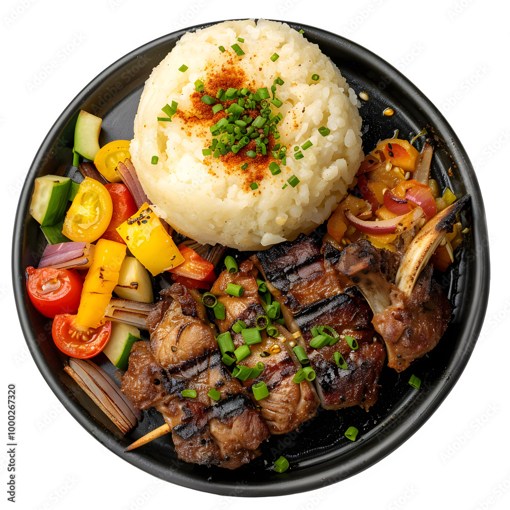 Tasty grilled lamb chops served with seasoned rice and a colorful mix of fresh vegetables, garnished with chopped green onions on a black plate Tasty grilled lamb chops served with seasoned rice and a colorful mix of fresh vegetables, garnished with chopped green onions on a black plate