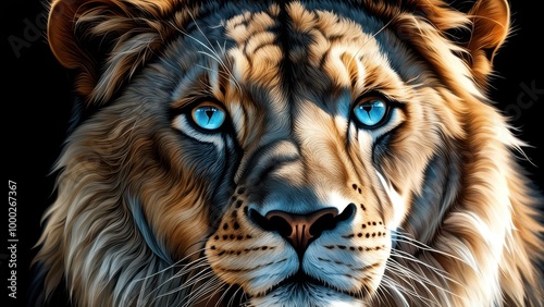 A close-up of a lion's face with striking blue eyes and detailed fur texture.