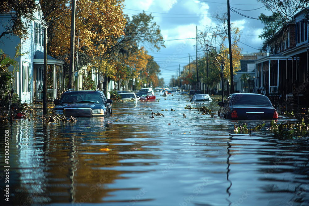 Fototapeta premium City flooded streets showcasing heavy rainfall aftermath with submerged vehicles and evacuating residents