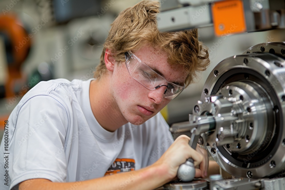 Young engineer working on precision machinery in a workshop during a training session Young engineer working on precision machinery in a workshop during a training session