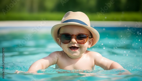 Joyful baby in sunglasses and straw hat enjoying a sunny day floating in a refreshing pool photo