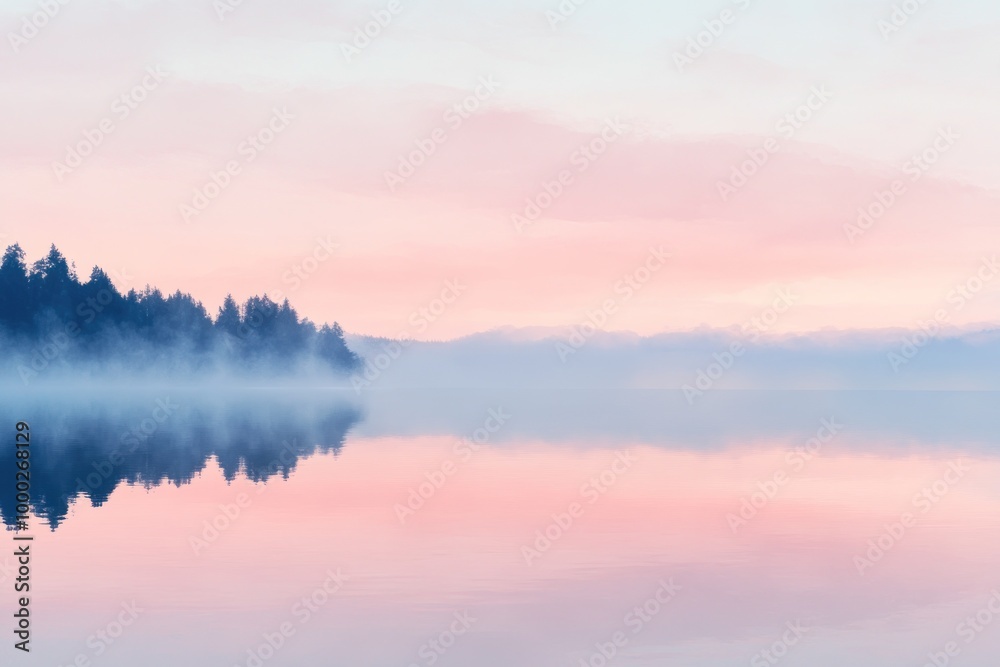 Fototapeta premium A Silhouetted Forest Reflecting on a Calm, Pink-Hued Lake at Dawn
