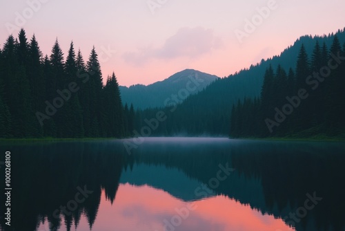 Silhouetted Evergreen Trees Reflecting in a Still Lake at Sunset