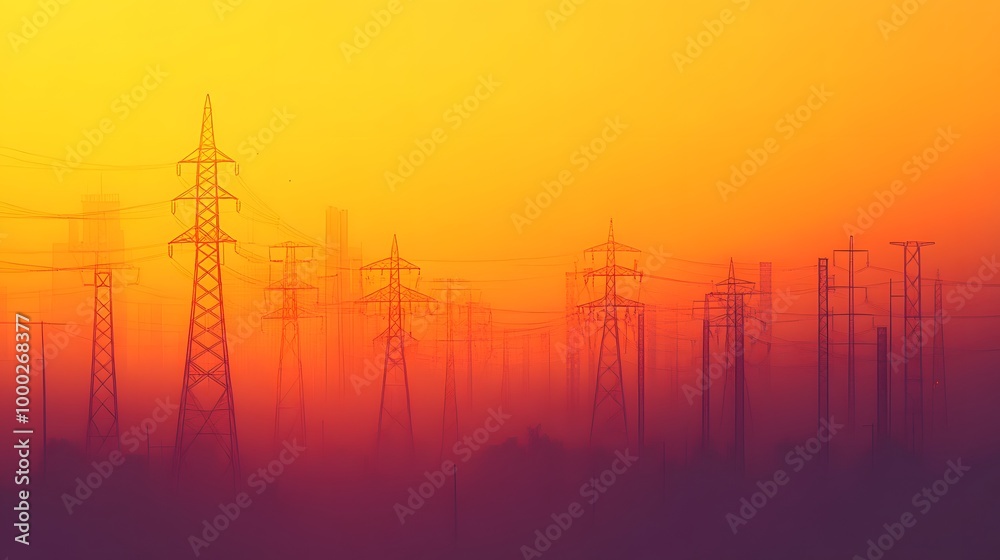 Fototapeta premium A powerful grid of high-voltage power lines and towers silhouetted against the sunset sky, with a vibrant yellow-orange background