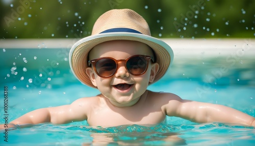 Joyful baby in sunglasses and straw hat enjoying a sunny day floating in a refreshing pool photo