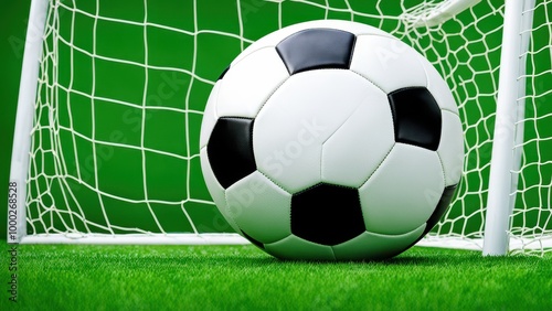 A close-up of a soccer ball near a goal in a green field.