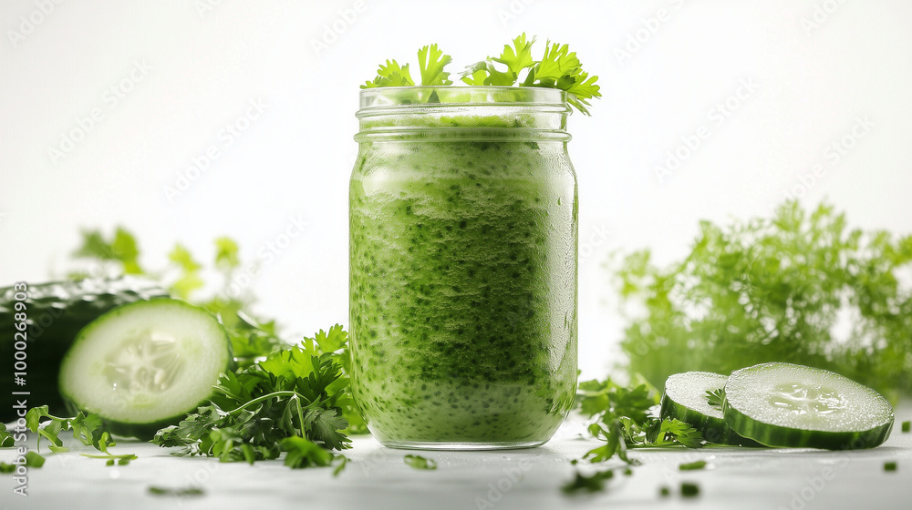 Fresh Green Detox Smoothie with Cucumber and Parsley in Mason Jar Fresh Green Detox Smoothie with Cucumber and Parsley in Mason Jar