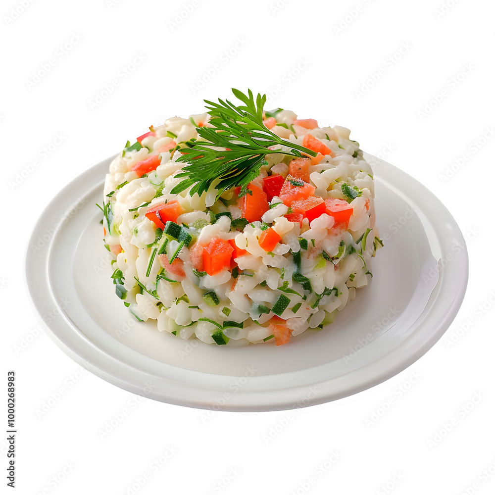Freshly prepared vegetable rice salad garnished with herbs, served on a white plate, isolated on a transparent background for easy use in various designs Freshly prepared vegetable rice salad garnished with herbs, served on a white plate, isolated on a transparent background for easy use in various designs