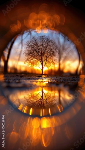 A solitary tree silhouetted against a sunset reflecting in a puddle during golden hour