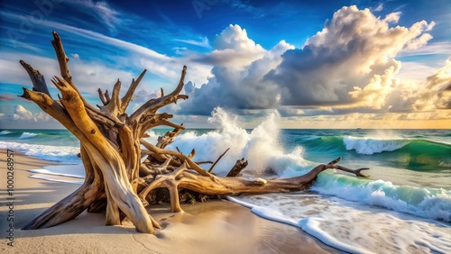 Beautiful Tropical Beach with Driftwood, Golden Sand and Crystal Clear Ocean Water, A Serene Coastal Paradise Perfect for Digital Graphic Design Projects and Backgrounds
