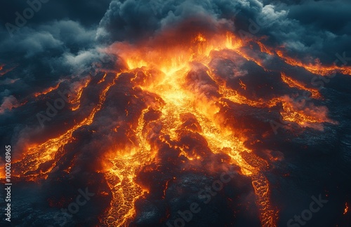 Aerial view of a volcano erupting with vibrant lava flow cascading down during a dramatic eruption event