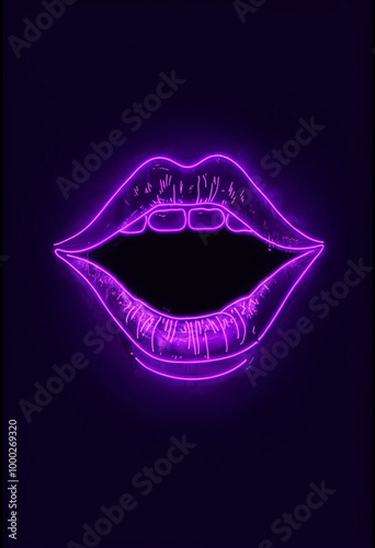 "Create an art piece featuring a striking purple neon mouth against a deep black background. The design should evoke a theatrical ambiance, with the mouth appearing illuminated and vibrant, almost glo