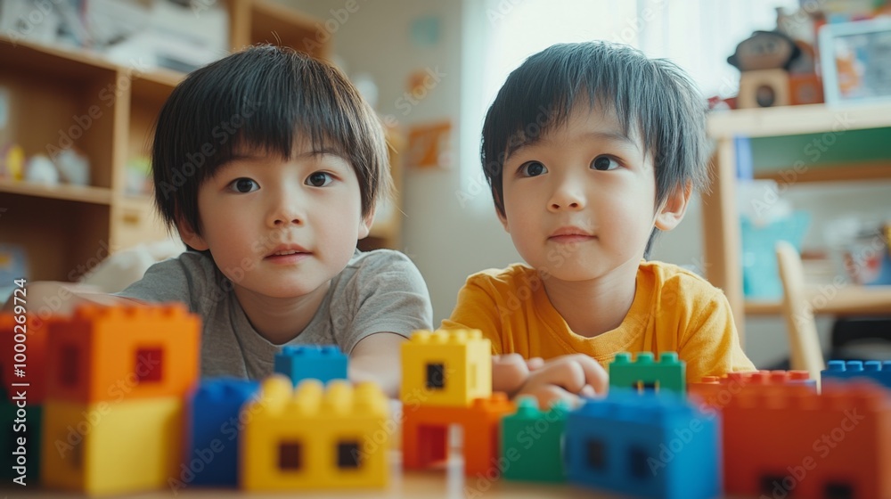 Two children playing with colorful building blocks Two children playing with colorful building blocks