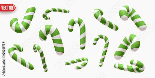 Collection Christmas candy canes in various shapes. Xmas sweets. Set green white striped candy canes in various dynamic positions, realistic 3d design isolated on light background. vector illustration