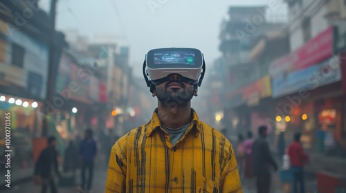 Man in a bustling street wearing VR headset