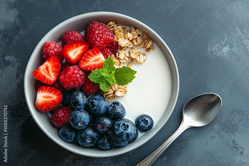 A top-down view of a bowl of cereal filled with almond milk, surrounded by fresh berries and a spoon, creating a healthy breakfast scene A top-down view of a bowl of cereal filled with almond milk, surrounded by fresh berries and a spoon, creating a healthy breakfast scene