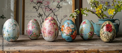 Decoupage Decorated Easter Eggs On A Wooden Table photo