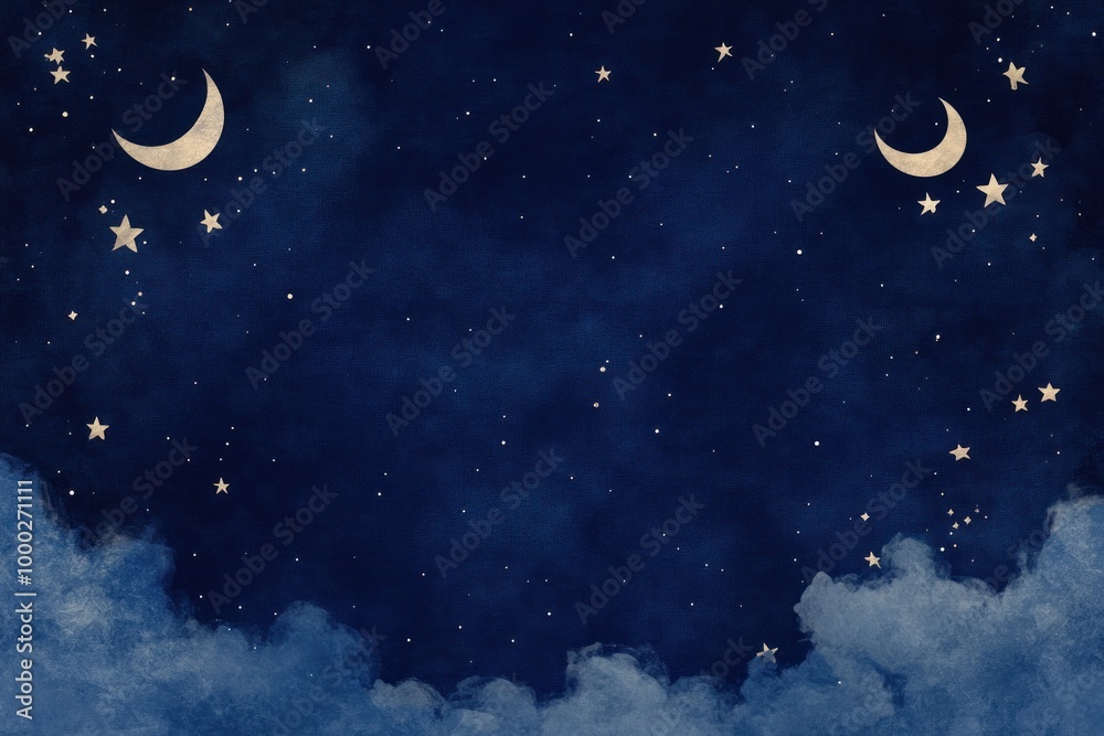 Watercolor Night Sky with Two Crescents and Stars Watercolor Night Sky with Two Crescents and Stars