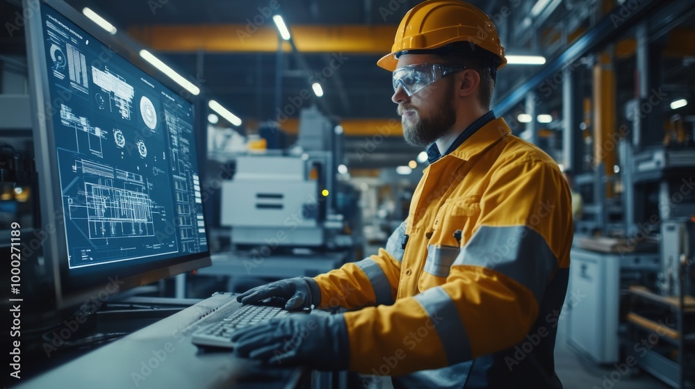 Engineer Working on Computer in Modern Factory Engineer Working on Computer in Modern Factory