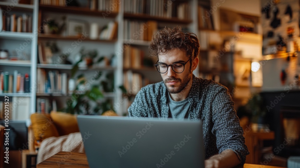 Young Man Working on Laptop in Cozy Home Office Young Man Working on Laptop in Cozy Home Office