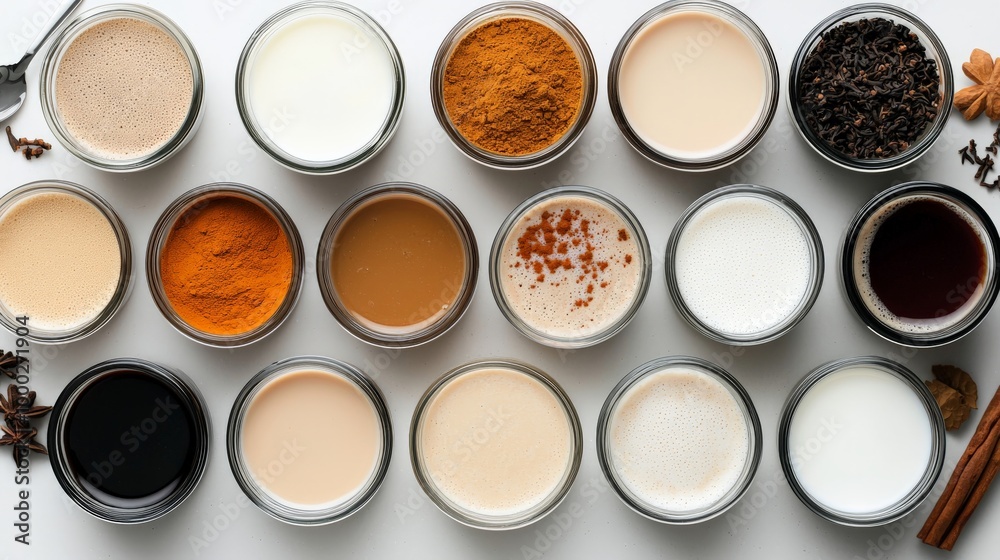 A top-down view of a chai latte making station, with jars of spices, loose leaf tea, and milk frothing tools arranged neatly A top-down view of a chai latte making station, with jars of spices, loose leaf tea, and milk frothing tools arranged neatly