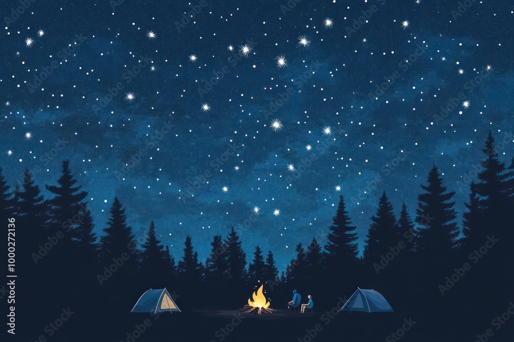 Two Campers Sit by a Fire Under a Starry Night Sky Two Campers Sit by a Fire Under a Starry Night Sky