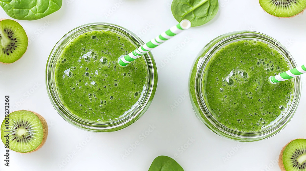 Kiwi Spinach Green Smoothie with Striped Straw, Fresh Ingredients Flat Lay Kiwi Spinach Green Smoothie with Striped Straw, Fresh Ingredients Flat Lay