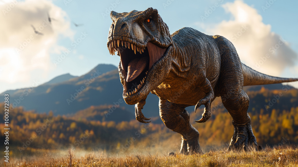 Fototapeta premium A giant Tyrannosaurus Rex dinosaur in a misty forest, an open mouth with sharp teeth, a prehistoric landscape, rocks and tall grass on the ground.
