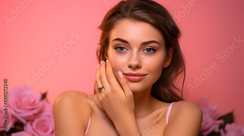 Beauty healthy skin women touching face cosmetic studio portrait. skincare concept photography