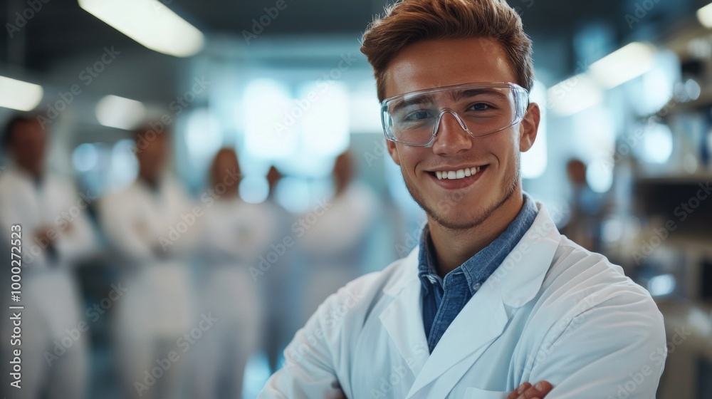 Young Scientist in Lab Coat Smiling with Colleagues in the Background Young Scientist in Lab Coat Smiling with Colleagues in the Background