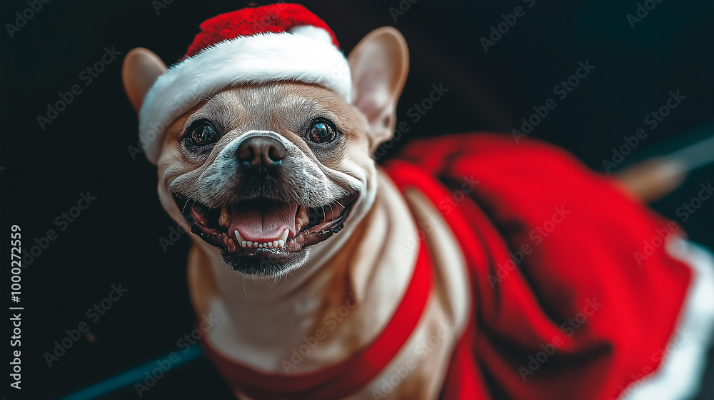 Funny cute puppy dog in a Christmas hat on black background Funny cute puppy dog in a Christmas hat on black background