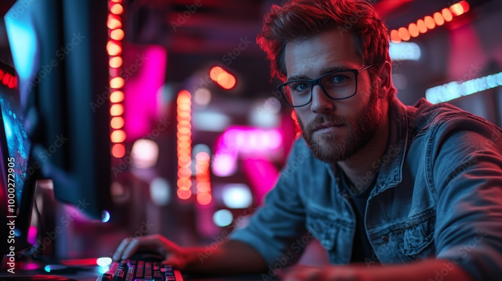 Fototapeta premium Man Working in Cyberpunk Gaming Setup