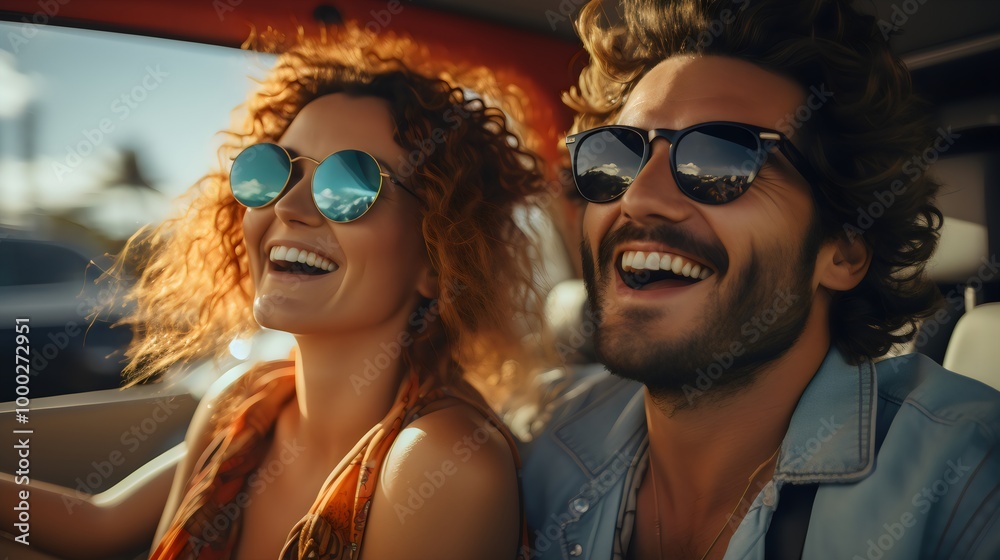 Obraz premium couple going to holiday tripe on car, happy smile couple