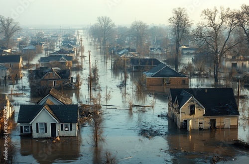 Aerial view of New Orleans flooded after Hurricane Katrina in 2005, showcasing devastation and submerged homes amidst dark water photo