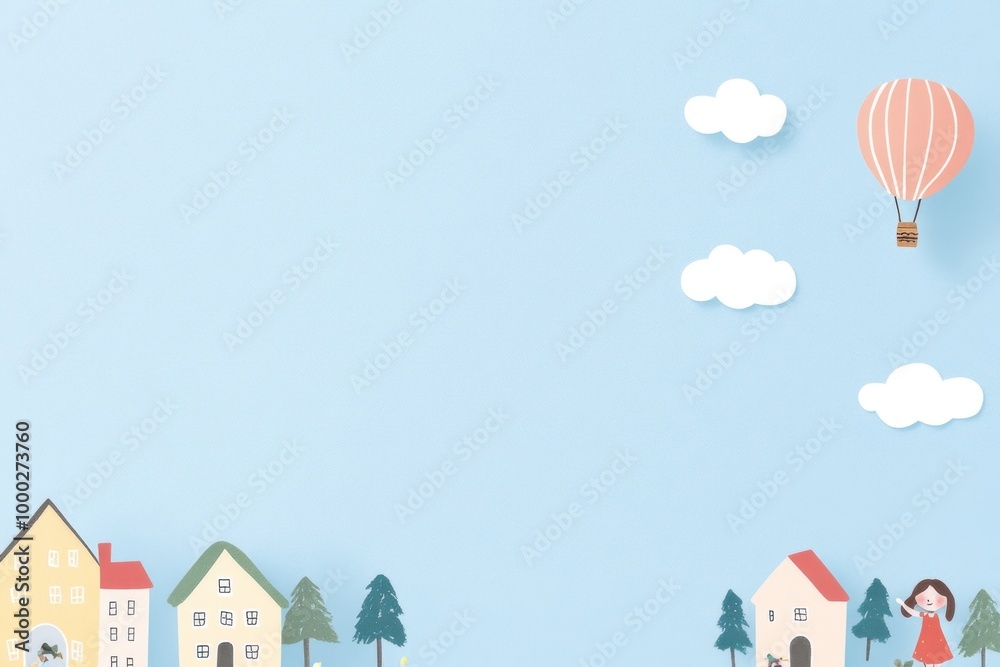 Papercraft Landscape with Hot Air Balloon, Houses, and Girl Papercraft Landscape with Hot Air Balloon, Houses, and Girl