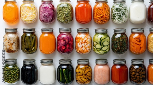 A top-down view of a fermentation station with jars of pickled vegetables, kombucha brewing, and bottles of kefir arranged neatly photo